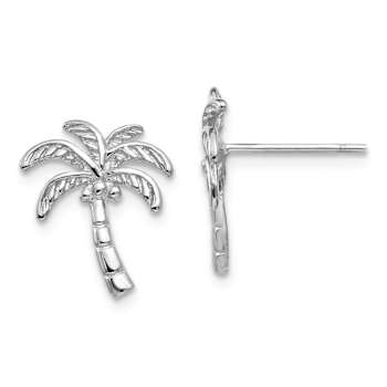 Rhodium Over 14k White Gold Textured Palm Tree Stud Earrings