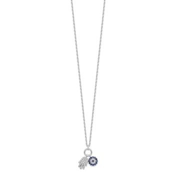 CZ Hamsa And Evil Eye Charm Necklace In Sterling Silver 17 Inch