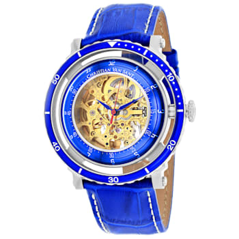 Christian Van Sant Men's Dome Yellow Skeleton Dial, Blue Leather Strap Watch