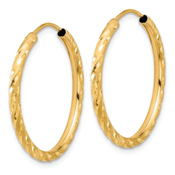 14k Yellow Gold Polished, Satin and Diamond-Cut 15/16" Endless Hoop Earrings