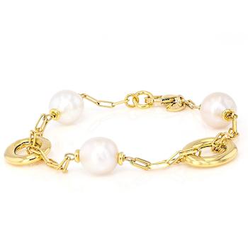 Cultured Freshwater Pearl Station Bracelet In 18K Gold Over Bronze 9mm