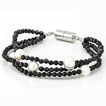 Black Spinel And Cultured Freshwater Pearl Bracelet In Sterling Silver 28.05ctw