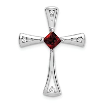 Rhodium Over 14k White Gold Garnet and Diamond Cross Chain Slide Pendant