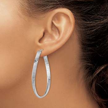 Rhodium Over 14k White Gold Textured 2 1/8" Twisted Oval Hoop Earrings