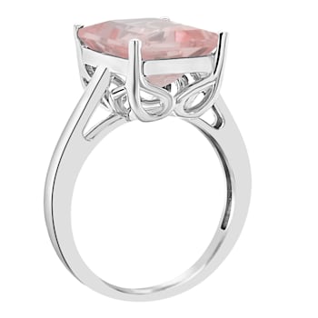 10x8mm Emerald Cut Rose Quartz Rhodium Over Sterling Silver Ring