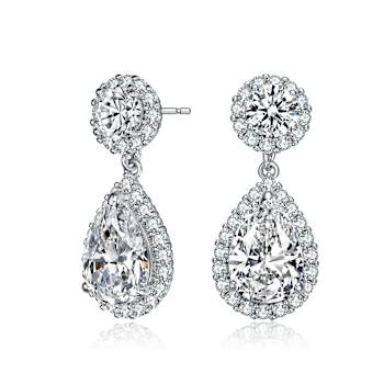 Pear Shape CZ Halo Drop Earrings In Sterling Silver