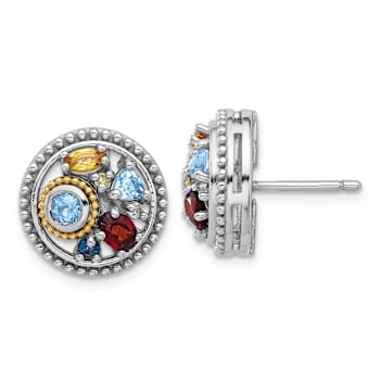 Sterling Silver Rhodium-plated with 14K Accent Multi Gemstone Stud Earrings