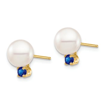 14K Yellow Gold 7-7.5mm White Round Freshwater Cultured Pearl Sapphire
Post Earrings