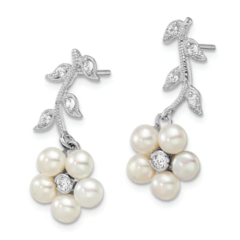 Rhodium Over Sterling Silver White Freshwater Cultured Pearl CZ Flower
Post Earrings