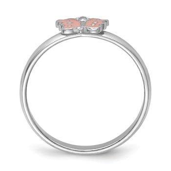 Rhodium Over Sterling Silver Polished Pink Enameled Butterfly Children's Ring