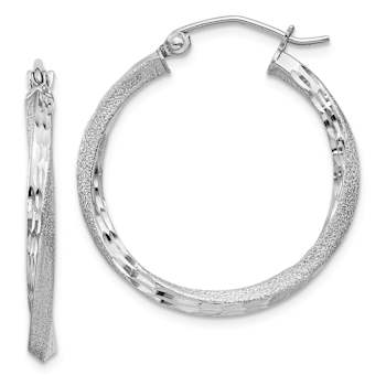 Rhodium Over Sterling Silver Satin Diamond-cut 2.5x25mm Twisted Hoop Earrings