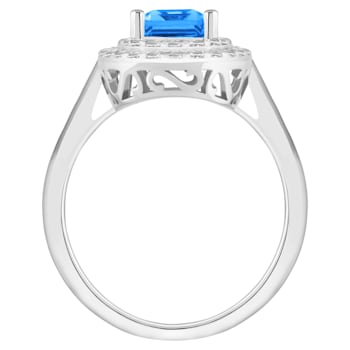8x6mm Emerald Cut Swiss Blue Topaz And White Topaz Rhodium Over Sterling
Silver Double Halo Ring