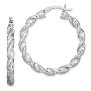 Rhodium Over Sterling Silver Twisted 3.5x35mm Hoop Earrings