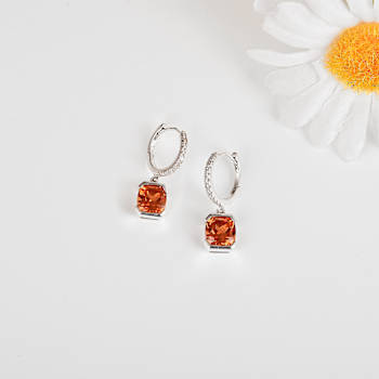 Peach Orange Lab Created Padparadscha Sapphire & Moissanite Rhodium
Over Silver Drop Earrings
