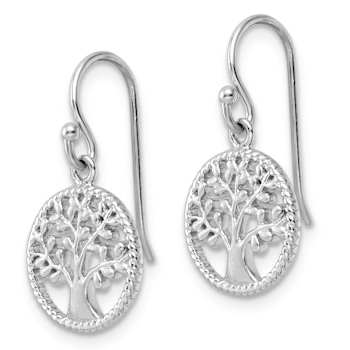 Rhodium Over Sterling Silver Tree Dangle Earrings