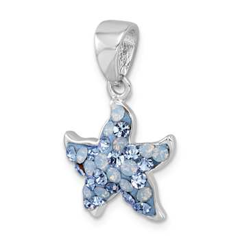 Rhodium Over Sterling Silver Polished Blue Crystal Starfish Pendant