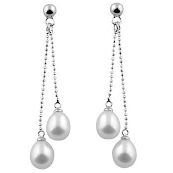 7-7.5mm White Cultured Freshwater Pearl Rhodium Over Sterling Silver Earrings