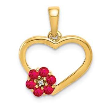 10k Yellow Gold Heart and Flower Pendant with Diamond and 0.21 cttw Ruby Gemstone