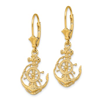 14k Yellow Gold Textured Anchor and Wheel Dangle Earrings
