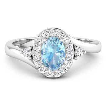 Oval Blue Aquamarine and Diamond 14K White Gold Halo Ring 0.78 ctw