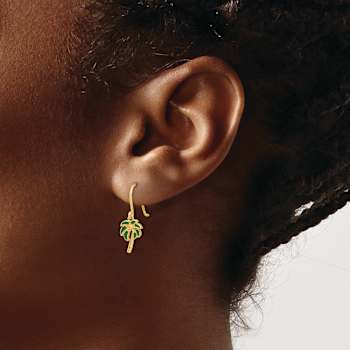 14k Yellow Gold Polished and Textured Green Enameled Palm Tree Dangle Earrings
