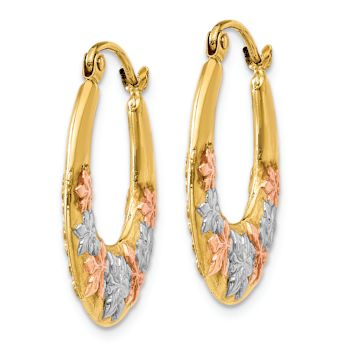 14k Yellow Gold and Rhodium Over 14k Yellow Gold 7/8" Flowers Hoop Earrings