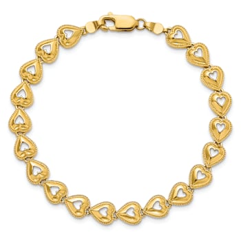 14k Yellow Gold Polished Beaded Hearts Link Bracelet