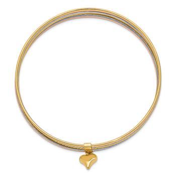 14K Tri-color Oversized Set of 7 Textured Slip-on Bangles with Dangle
Heart Charm