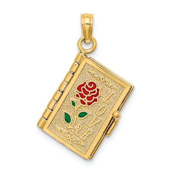 14k Yellow Gold 3D Moveable Brushed and Textured LOVE Book Pendant with
Enameled Flower