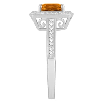 7mm Cushion Citrine 1/4 ctw Diamond Rhodium Over Sterling Silver Halo Ring