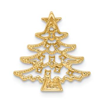 14k Yellow Gold Polished Cubic Zirconia Christmas Tree Chain Slide Pendant
