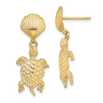 14k Yellow Gold Textured Shell and Sea Turtle Dangle Earrings