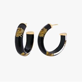 14K Yellow Gold Over Sterling Silver Small Gold Leaf Acrylic Hoops in Black