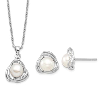 Rhodium Over Sterling Silver 6-7mm White Fresh Water Cultured Pearl
Necklace and Earring Set