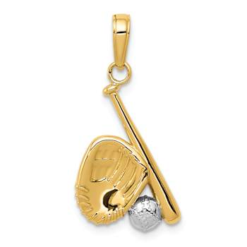 14k Two-tone Gold  Textured Baseball, Bat and Glove Pendant