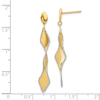 14K Yellow Gold and White Rhodium Polished and Satin Post Dangle Earrings