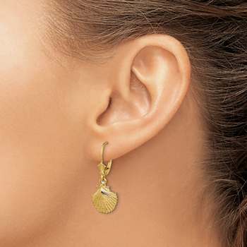 14k Yellow Gold 2D and Textured Scallop Shell Dangle Earrings