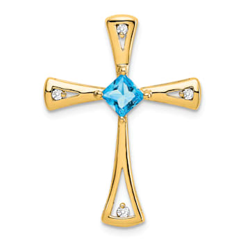 14k Yellow Gold Blue Topaz and Diamond Cross Chain Slide Pendant