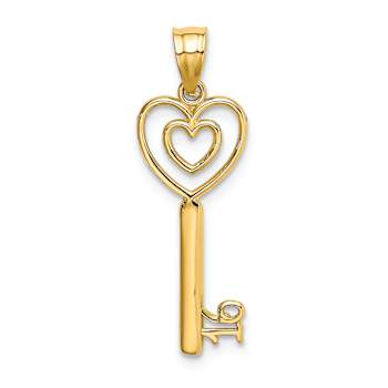14k Yellow Gold Key with Heart Sweet 16 Pendant
