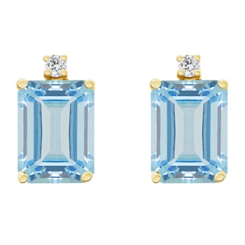 8x6mm Emerald Cut Aquamarine with Diamond Accents 14k Yellow Gold Stud Earrings