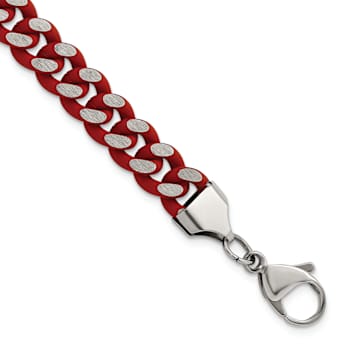 Stainless Steel 9mm Polished Red Enameled and Rubber Coated Curb Link Bracelet