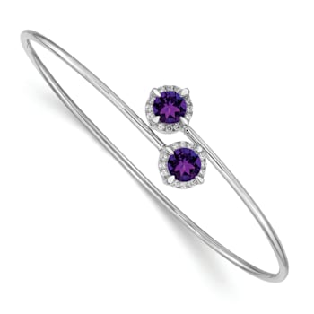 Rhodium Over 14k White Gold Amethyst and Diamond Flexible Bangle
