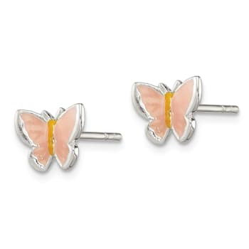Sterling Silver Pink/Orange Enamel Butterfly Children's Post Earrings