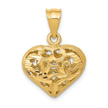 14k Yellow Gold Polished and Brushed 3D Filigree Puffed Heart Pendant