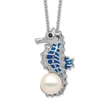 Rhodium Over Sterling Silver Cubic Zirconia Freshwater Pearl Enamel
Seahorse Necklace