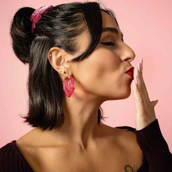 14K Yellow Gold Over Sterling Silver Heart Gem Acrylic Hoops in Magenta