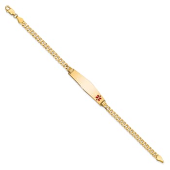 14k Yellow Gold Medical Soft Diamond Shape Red Enamel Flat Curb Link ID Bracelet