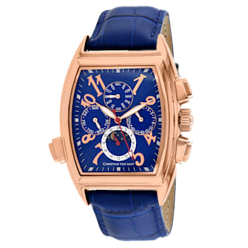 Christian Van Sant Men's Grandeur Blue Dial, Rose Accents and Bezel,
Blue Leather Strap Watch