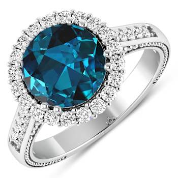 Round London Blue Topaz and Diamond 14K White Gold Halo Ring 3.44 ctw