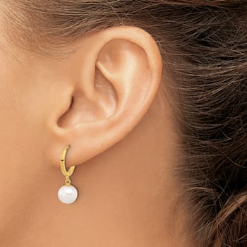 14K Yellow Gold 7-8mm Round Freshwater Cultured Pearl Dangle Hoop Earrings